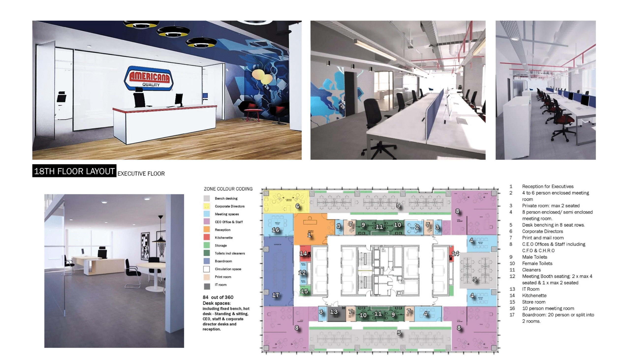 Large-scale contemporary office interior design and space planning project for Americana offices in the UAE, featuring collaborative workspaces, branded interiors, meeting areas and modern workplace environments.