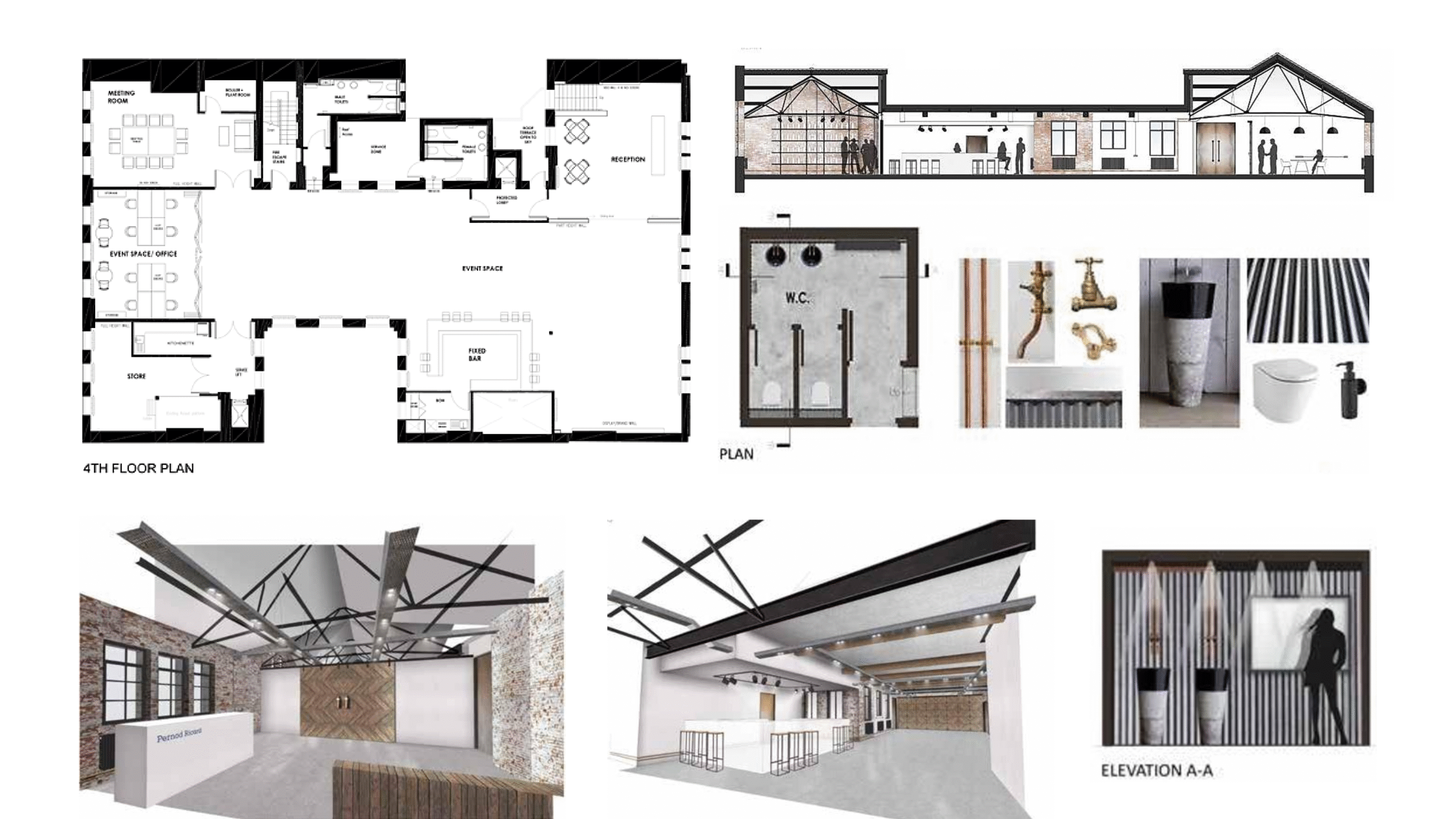 Concept design presentation boards for a contemporary multi-use creative workspace in Manchester, featuring spatial planning, branded interiors, hospitality-led breakout areas and collaborative working environments.